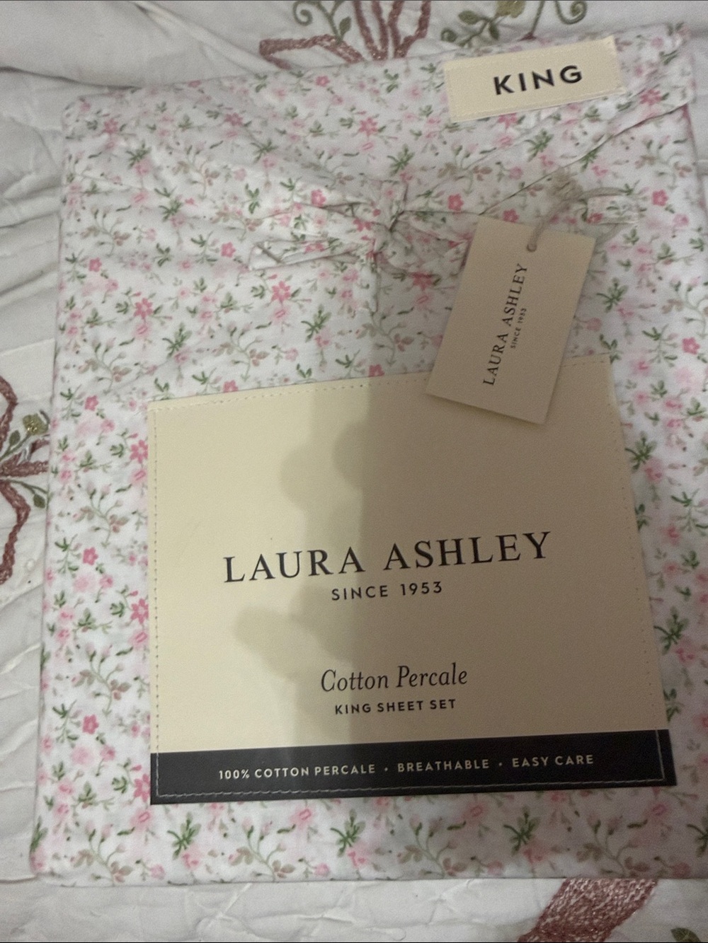 Laura Ashley Pink and Green Floral Cotton Percale King Sheet Set
